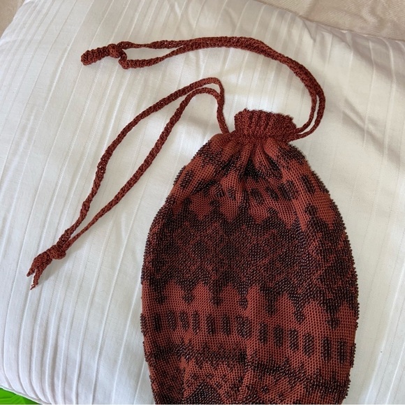 Vintage beaded drawstring purse in copper with espresso brown beads. Pristine. - Picture 1 of 8